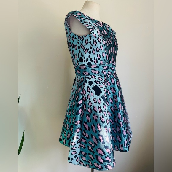 ZOE LTD Jacquard Turquoise METALLIC Leopard Print Girls Cheetah Dress New sz 16 - Picture 3 of 8